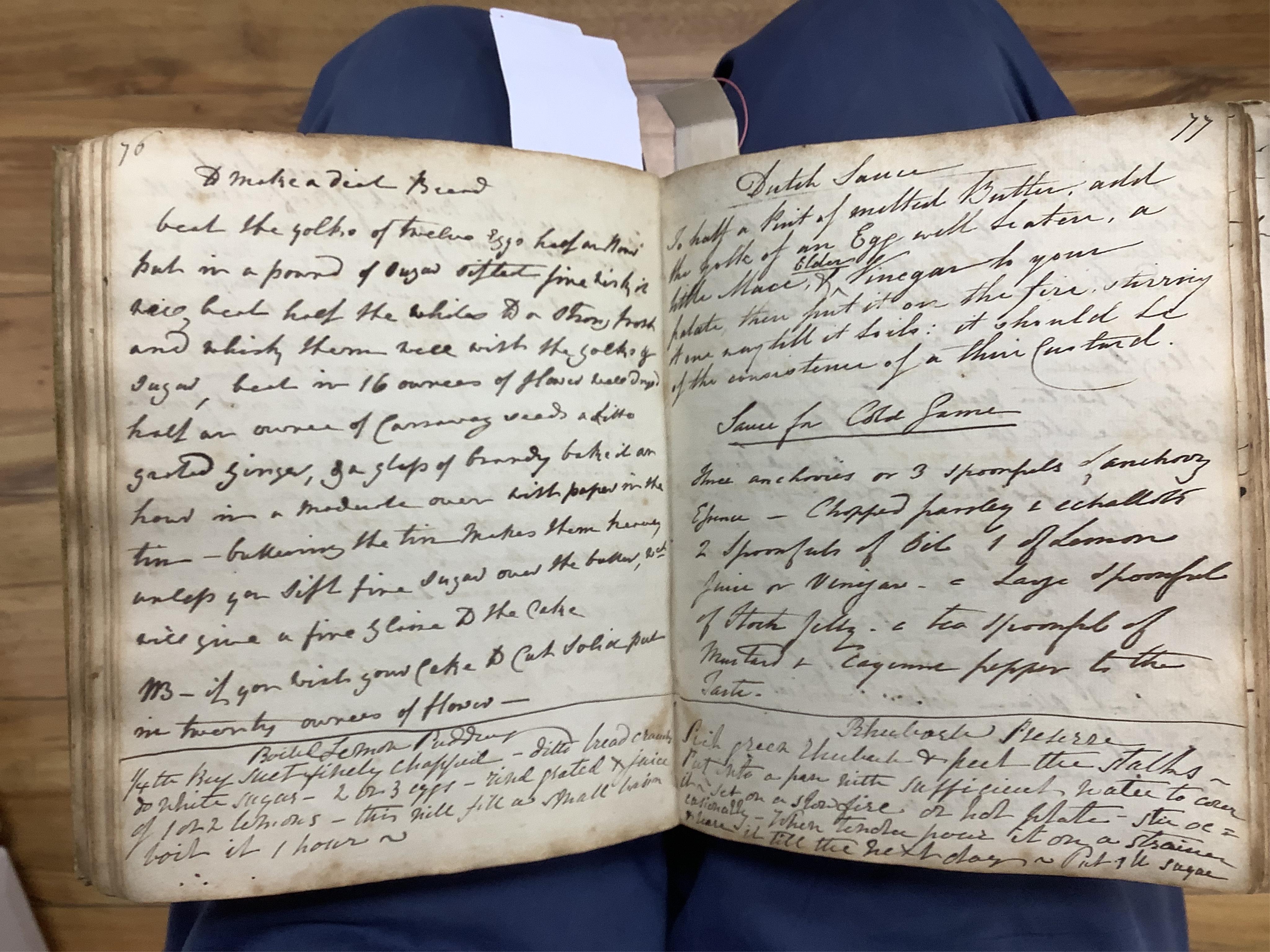 An 18th century hand inscribed book of recipes for M. Tennant. Condition - fair